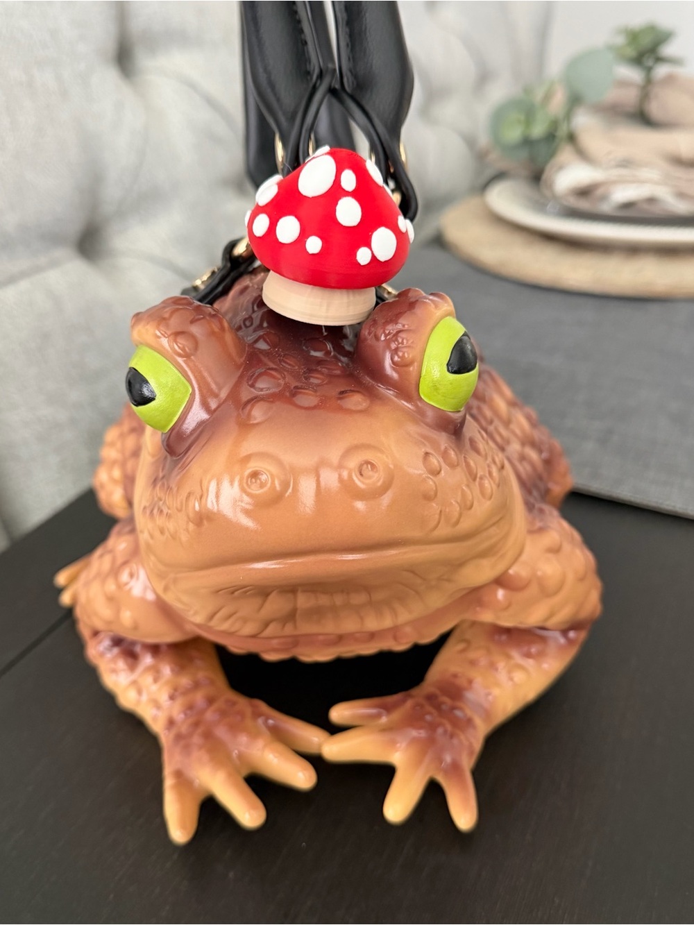 Whimsical Frog Crossbody Bag in Brown with Red Mushroom Accent - Picture 3 of 10